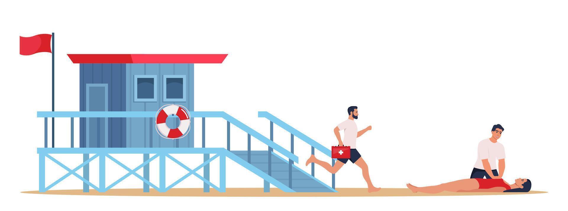 Beach lifeguard performs indirect heart massage to drowning woman rescued from the water. Lifeguard tower and professional beach lifeguard with first aid kit. Cardio Pulmonary Resuscitation. . vector