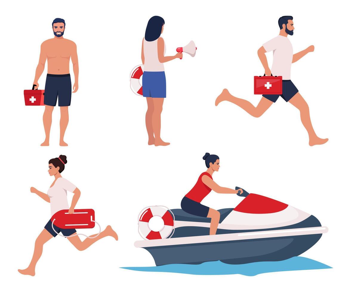 Professional beach lifeguards, set of characters. Rescue workers with lifebuoy and red medical first aid kit box. Rescuer patrols sea on jet ski. Security staff, safety on water worker. . vector