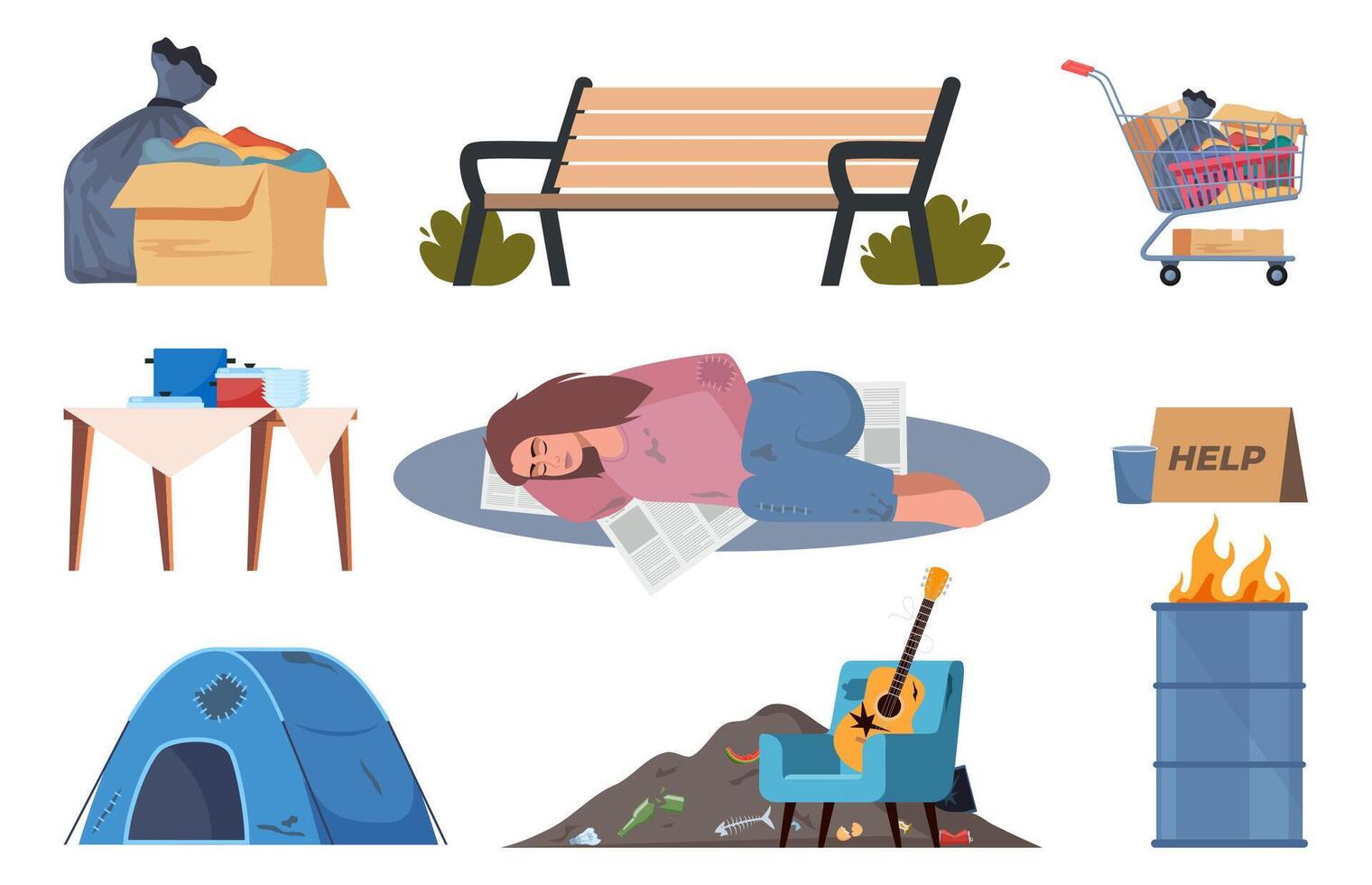 Homeless People live on the street, set of elements. Beggar character need help and work, sleeping on street, wearing ragged clothing, pick up garbage. Illustration. vector