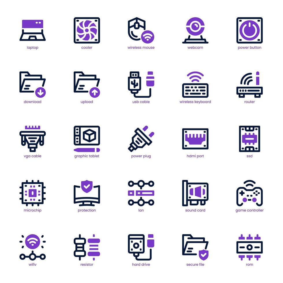 Computer Component icon pack for your website, mobile, presentation, and logo design. Computer Component icon dual tone design. graphics illustration and editable stroke. vector