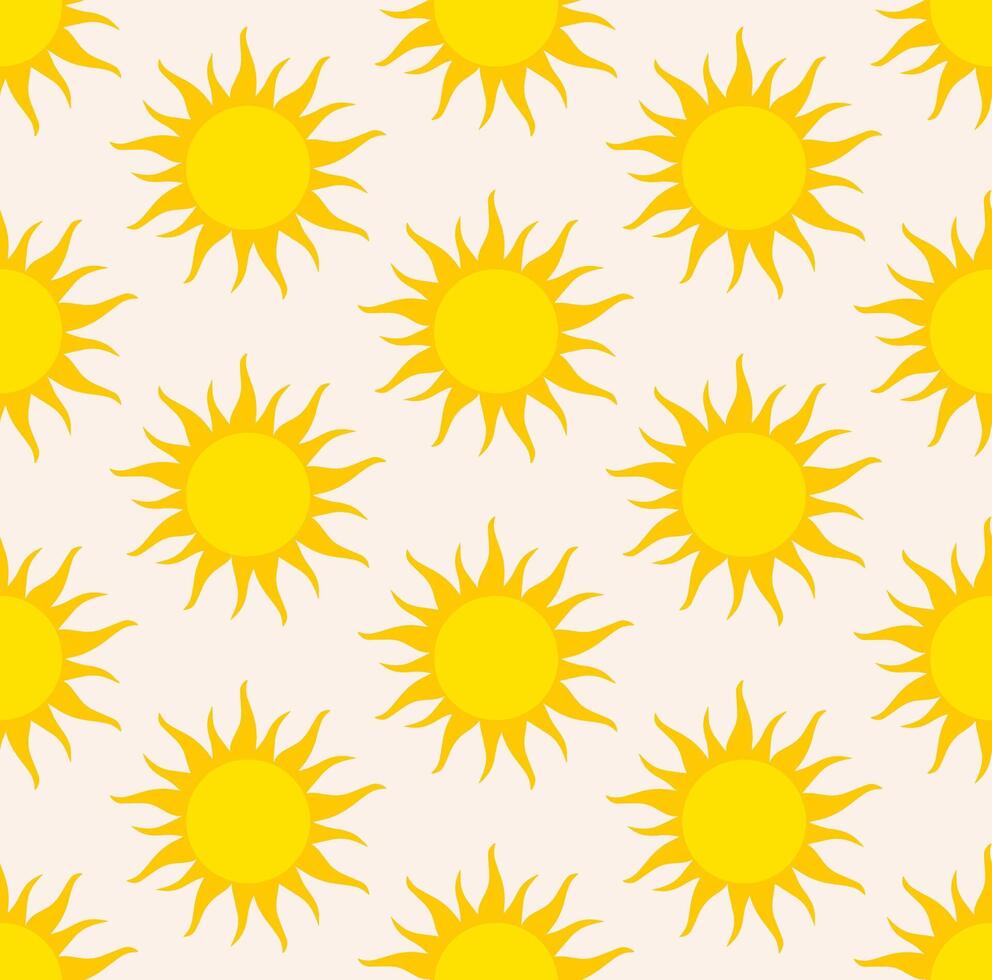 Seamless pattern of bright yellow suns on a light yellow background. Simple, cartoonish sun with sharp, spiky rays radiating outwards. Evenly spaced grid pattern. Cheerful, sunny, and optimistic. vector