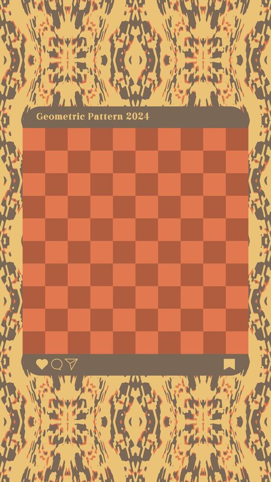 Photo collage template with geometric background. Shades of orange, brown, yellow, and green. Transparent central grid for photos or text. For digital scrapbooking, personalized photo projects. vector