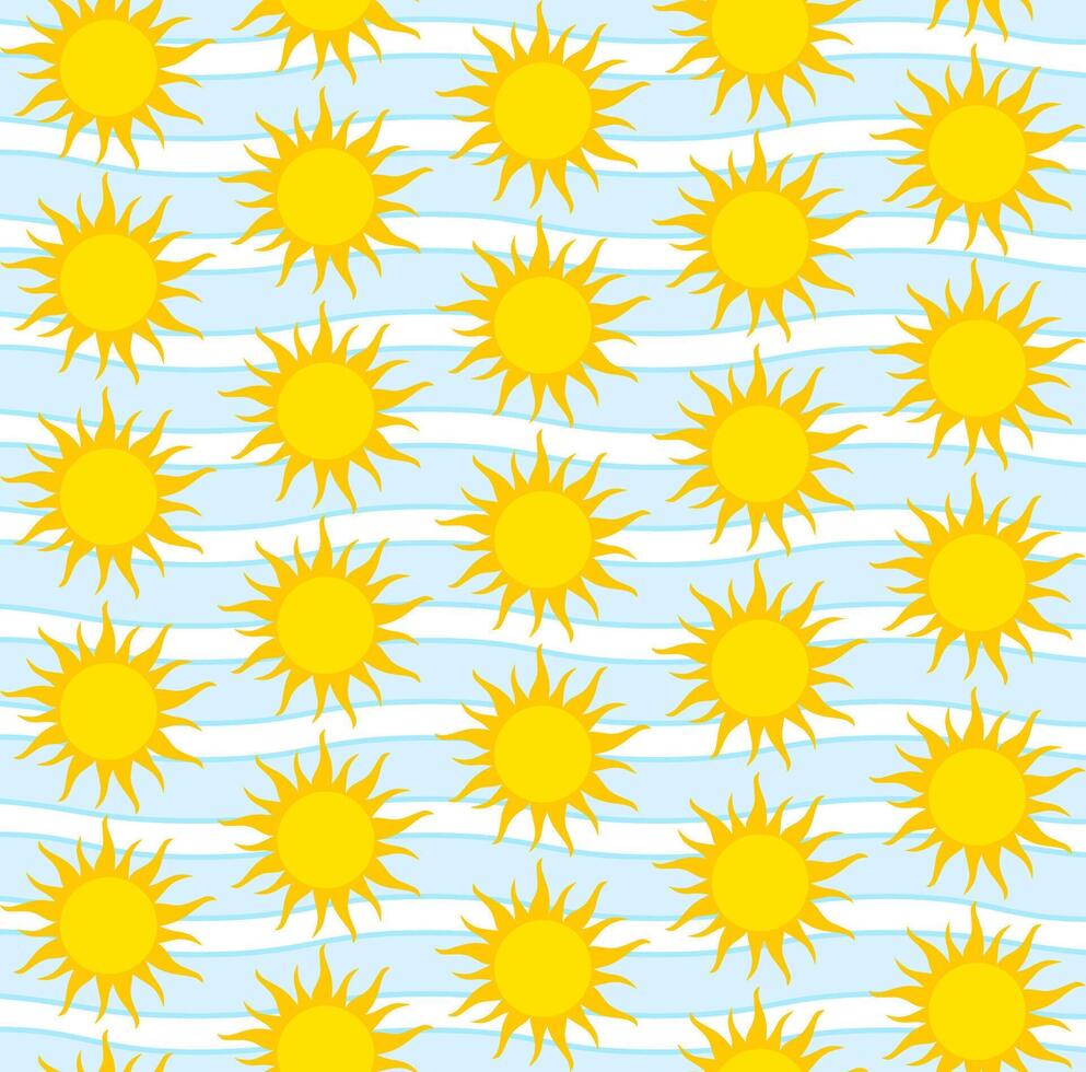 Seamless pattern with bright yellow suns in alternating rows. Simple cartoonish sun design. Spiky rays radiating outward. Light blue background with wavy blue stripes. Cheerful, sunny, and optimistic. vector