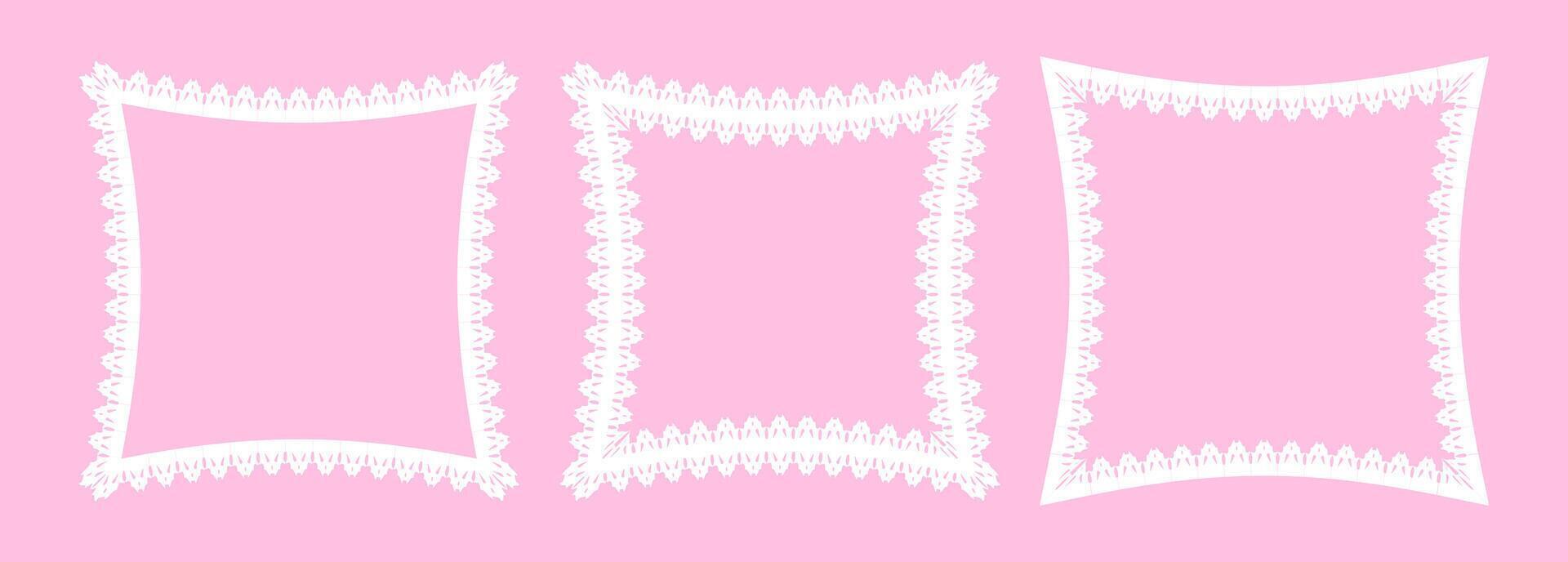 Collection of 3 square white lace frames. Intricate delicate elegant sophistication graphic elements. Feminine graceful border. Suitable for decorative, photo frame, invitations, souvenir design. vector