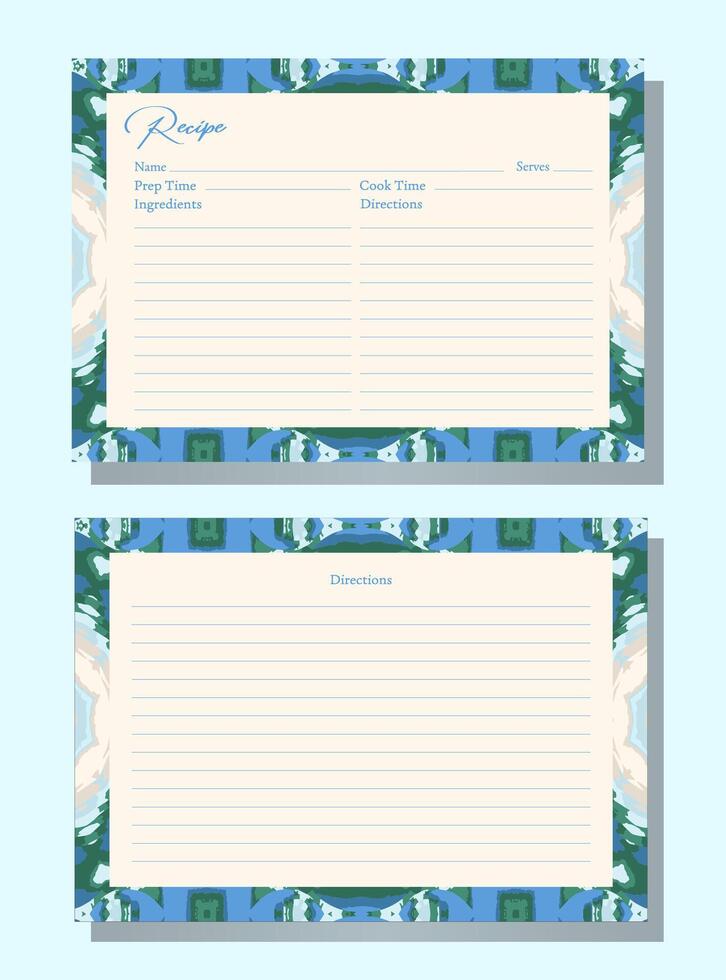 Recipe cards with blue and white border for organizing and sharing family kitchen recipes. Intricate geometric shapes and patterns. Sections for recipe name, ingredients, instructions, and servings. vector