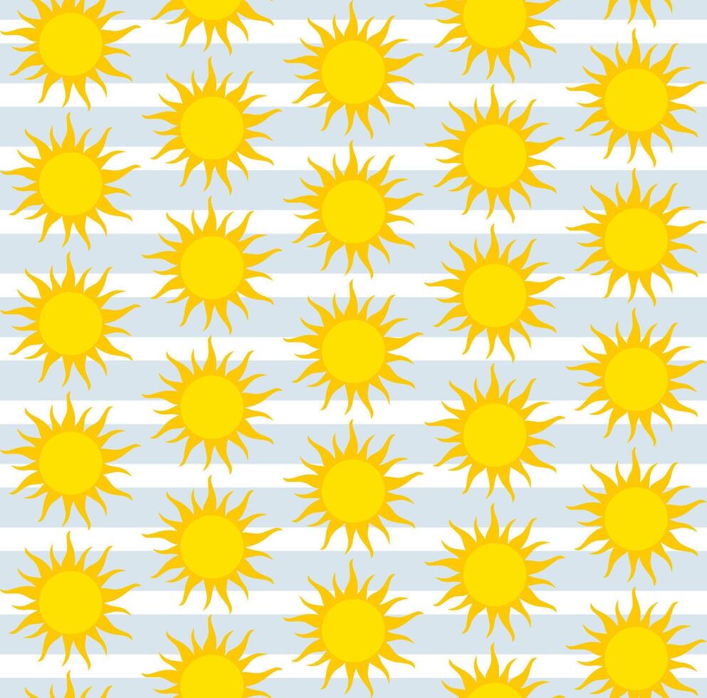 Seamless pattern with vibrant yellow suns and striped blue and white background. Repeating cheerful and sunny motif. Optimistic and playful aesthetic. Simple, bold design. Eye-catching and bright. vector