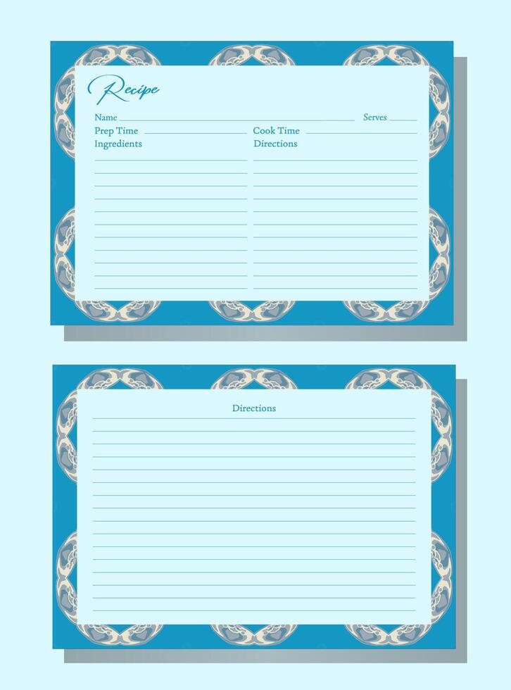 Recipe card with decorative border. Abstract pattern blue and white. Intricate swirling lines shapes. Divided into sections for recipe details. Elegant and functional printable. Ideal for kitchen use. vector