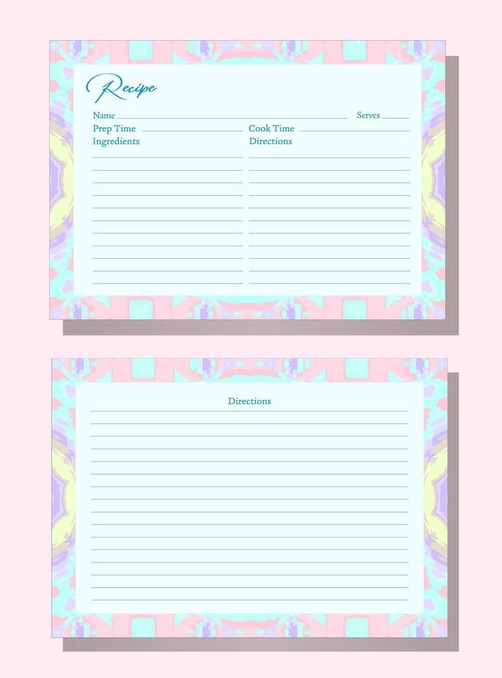Recipe card template with kaleidoscope border. Abstract geometric frame design. Pink, mint, yellow, and purple candy colors. Playful and soft color palette. Eye-catching, fun, and modern layout. vector