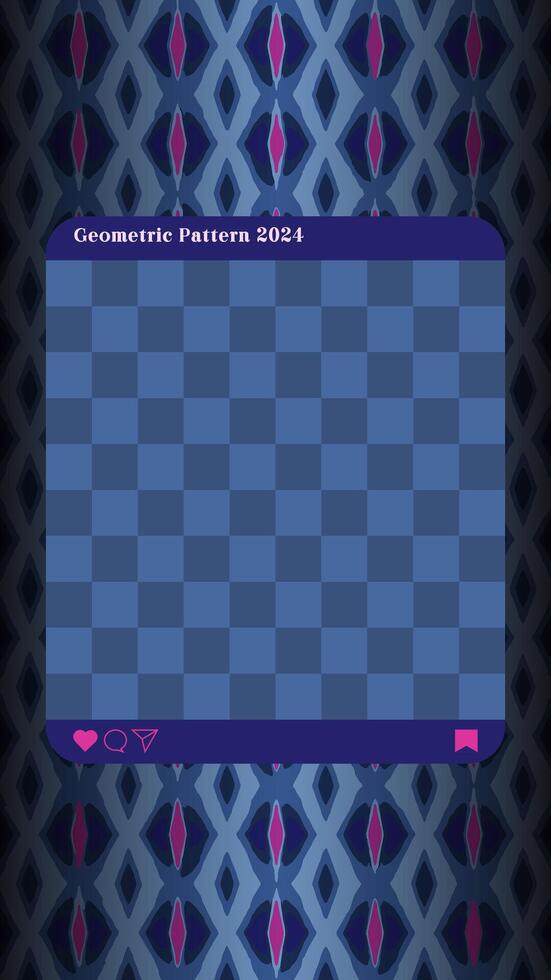 Abstract seamless repetition of geometric pattern photo collage template. Social media post. Magenta and blue, vignette background. Bold and intricate design, striking visual captivating element. vector