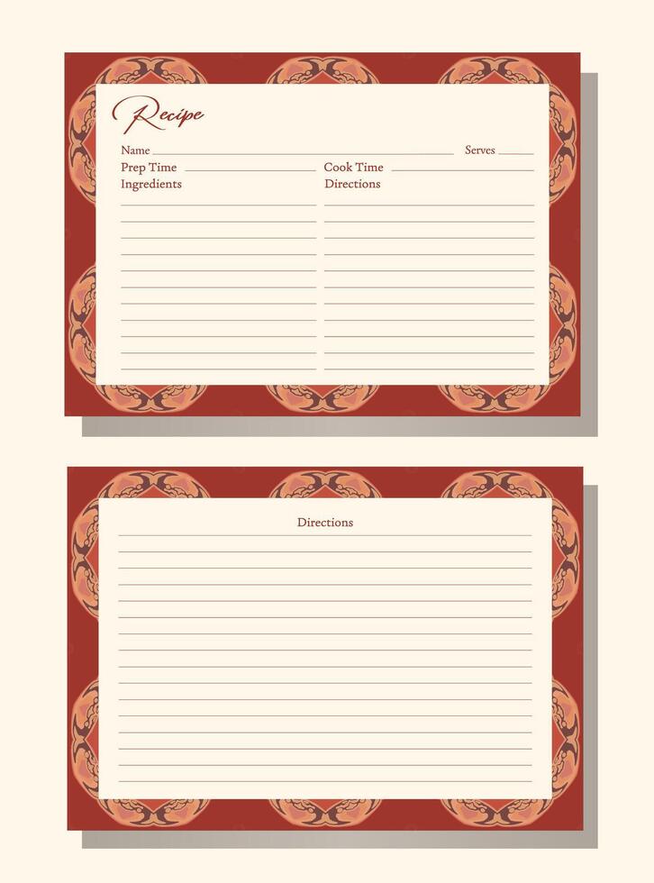 Elegant recipe cards with abstract patterns. Rectangular shape with red background. Intricate swirling gold and orange design. Card includes sections for recipe details and directions to cook. vector