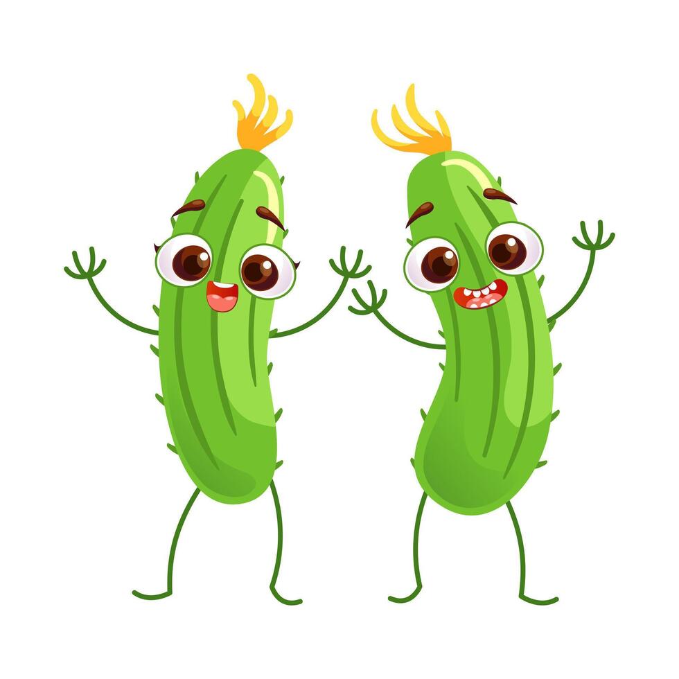 Cheerful cartoon cucumbers dancing. Cute funny characters in cartoon style. Healthy food, vegetables, vegan. illustration for kids, web design, prints. isolated on white background. vector