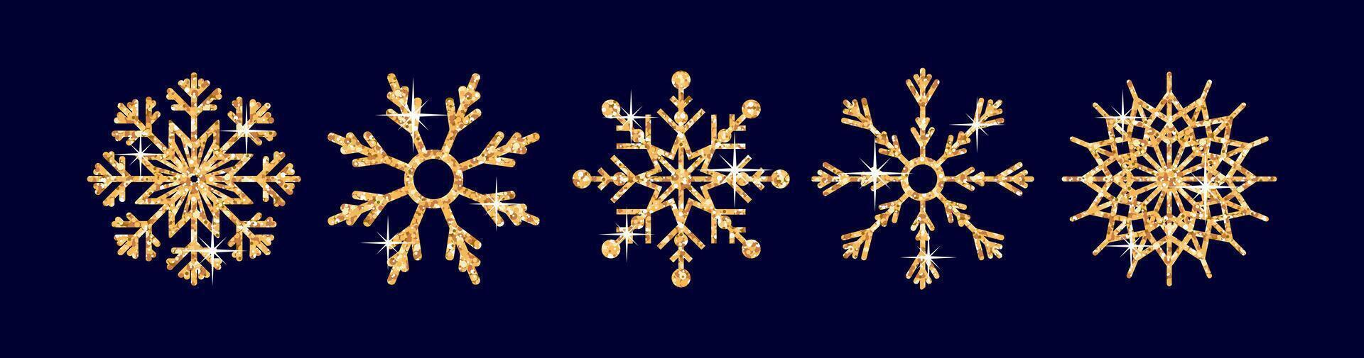 A collection of Sparkling snowflake icons perfect for winter decorations. Merry Christmas and Happy New Year. A holiday design featuring realistic festive elements and glittering gold confetti vector