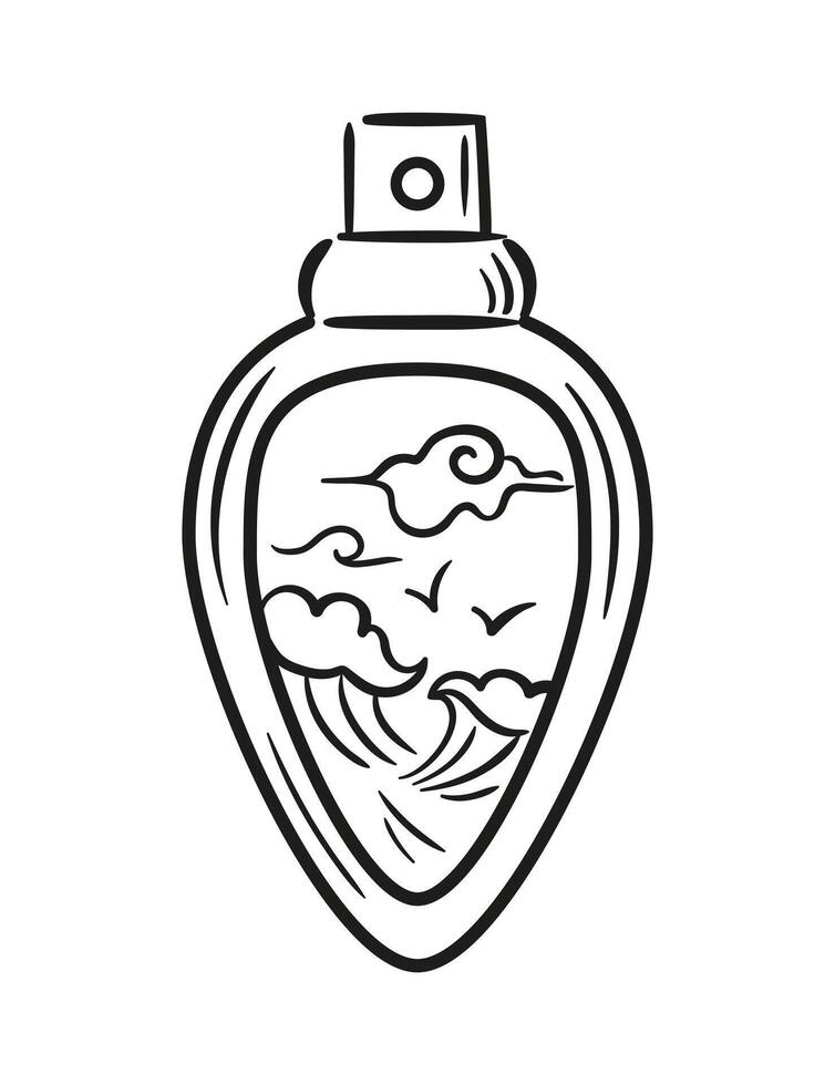Elegant design of a perfume bottle with a beautiful view of the ocean in an Asian style. illustration in sketch style. Marine aroma. For sticker, packaging, design element vector