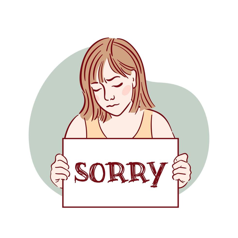 Illustration of a sorrowful girl seeking forgiveness, teary eyed. Features a sorry sign. This sketch is suitable for books, brochures, and designs for psychological support websites. vector