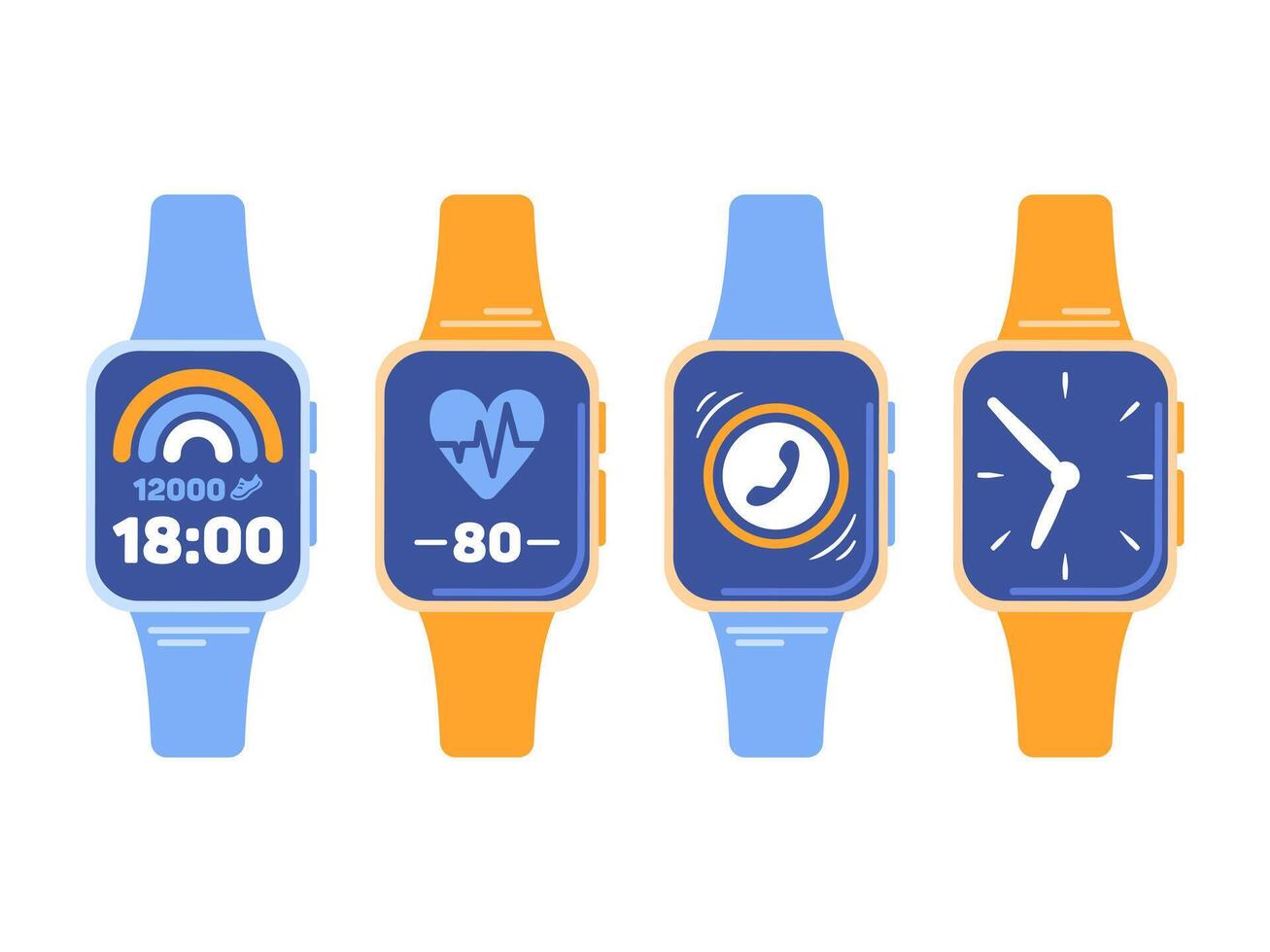 Set of smart watches, gadget variations. Physical activity tracker, time, heart rate indicator, phone call. Digital technology concept in flat design style. illustration of a wristwatch. vector