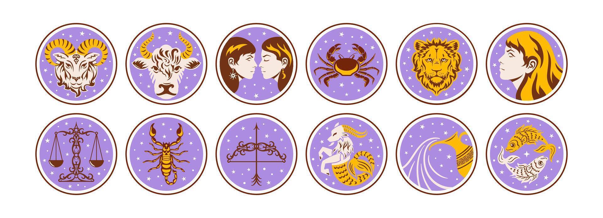 A compilation of 12 astrological symbols represented alongside celestial objects, reflecting the themes of astrology, mysticism, and cosmic phenomena, symbolizing the endeavor to predict future events vector