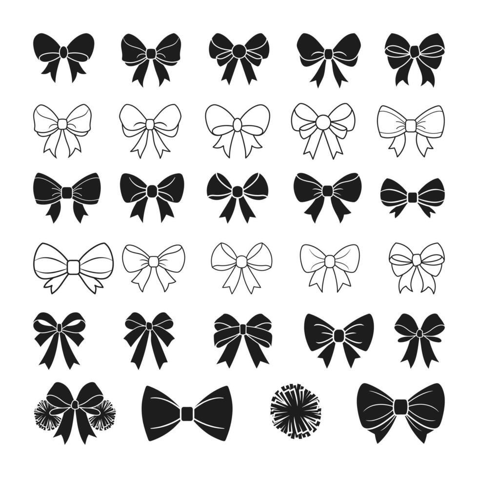 Simple Black ribbon bow collection. Set of graphical decorative bows. Bow tie Vectors silhouettes