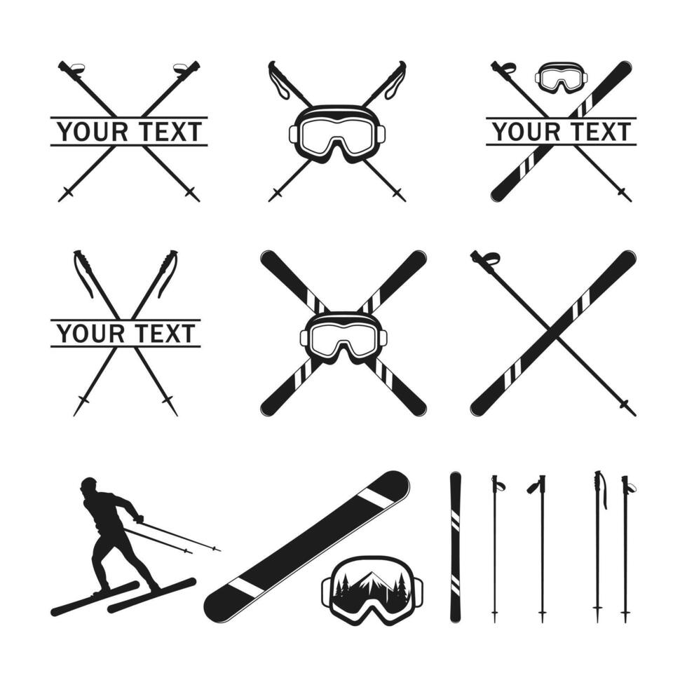 Snow ski poles icon set with snowboard. Mountain skier ski icon. ski glasses and crossed ski pole vectors illustration. set Silhouette of a skier in winter.