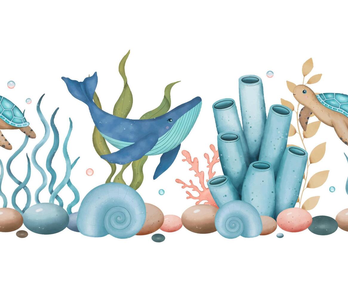 Sea seamless border with a turtle, whale, algae, stones, bubbles, shells. Underwater world. Hand drawn watercolor illustration vector