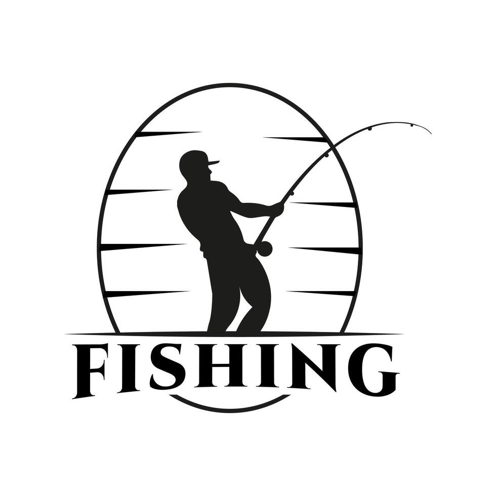 A fisherman with a fishing rod pulling a fish, . The silhouette of a fisherman with an oval background. This logo is designed for fishing events or activities. vector