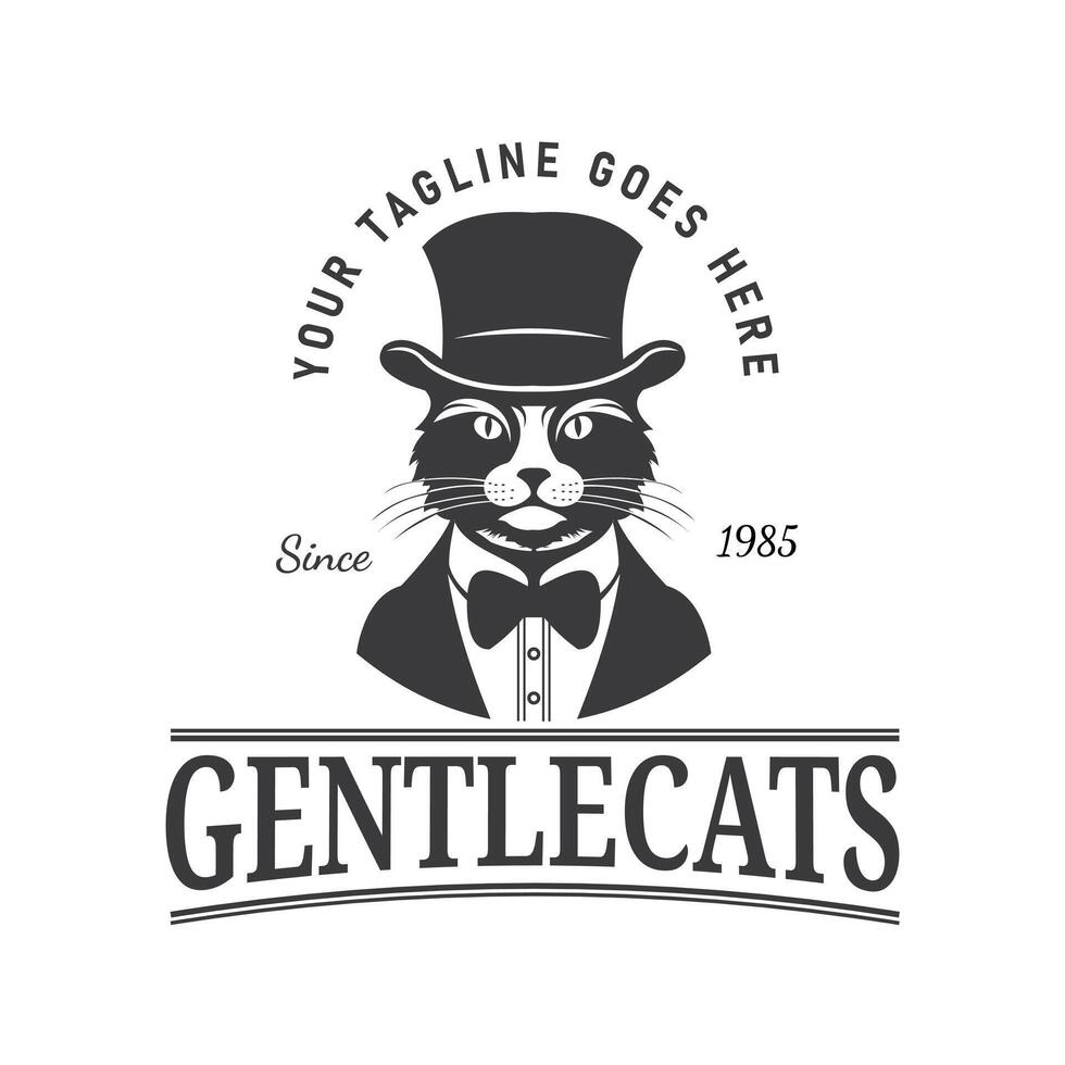 Unique illustration of a Gentleman style Cat with a suit, bow tie and top hat. The logo can be used for vintage clothing brands, premium pet stores. vector