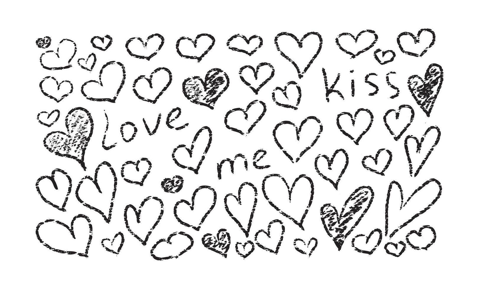 Chalk doodle hearts with lettering. Crayon hand drawn pencil heart set. Love me, kiss. Charcoal symbol of love. design elements for Valentine Day isolated on white background vector