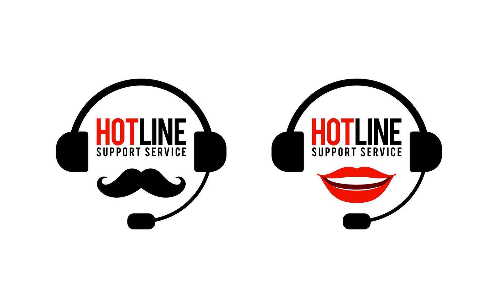 Hotline support service operator icon with headphones icon and male female red lips and moustache. unique concept call center. illustration vector