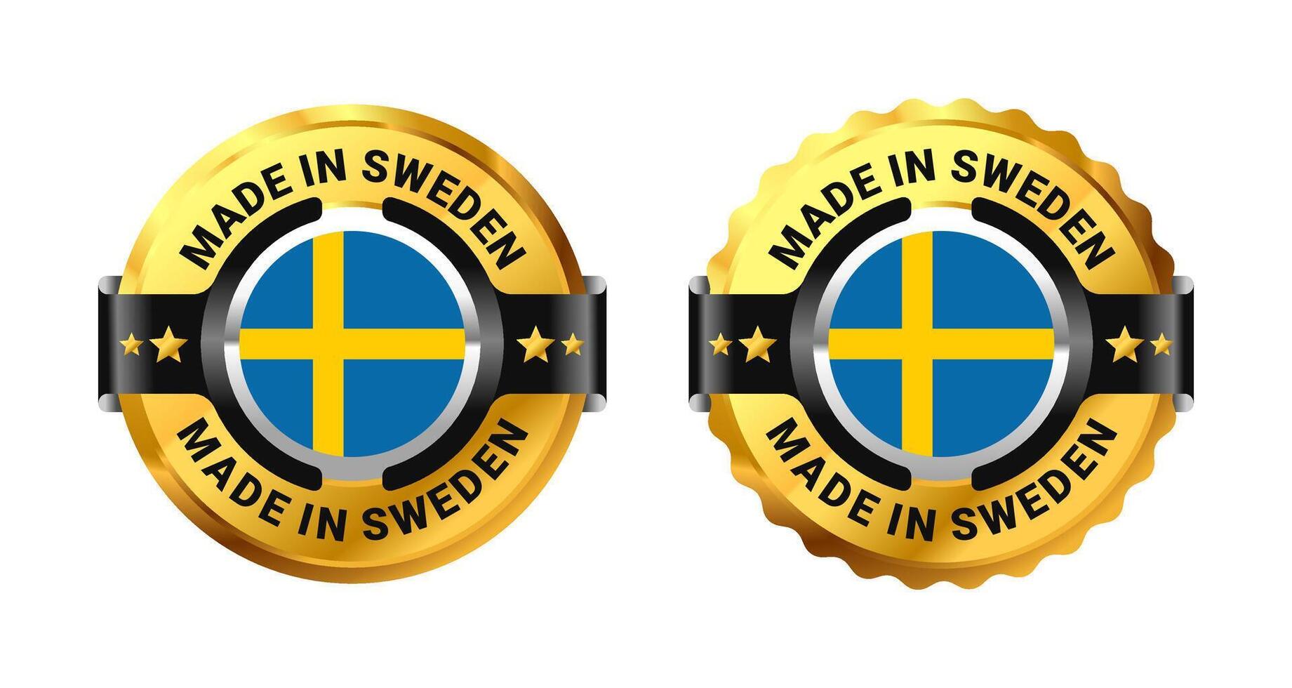 Made in Sweden logo a gold circle with a picture of a flag in the middle. For icon, label, badge, mark, sign, symbol, etc. Modern and minimalist. Illustration vector