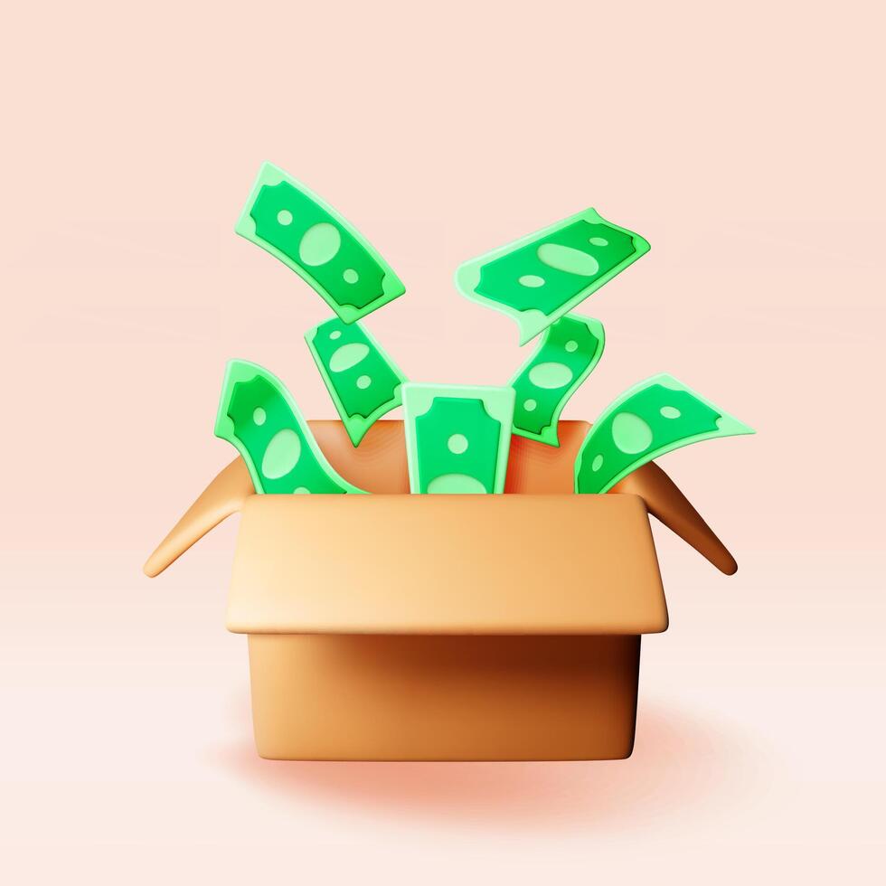 3D cardboard box with dollars inside isolated. Render open carton package with cash money. vector