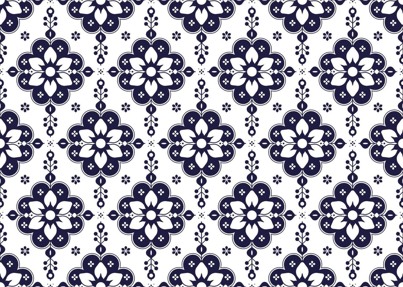 dark blue symbol floral Portuguese style on White background, ethnic fabric seamless pattern, design for cloth, carpet, batik, wallpaper, wrapping etc. vector