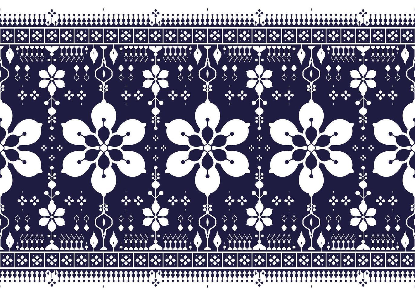 White geometric and floral ethnic fabric seamless pattern on dark blue background, design for cloth, carpet, batik, wallpaper, wrapping etc. vector