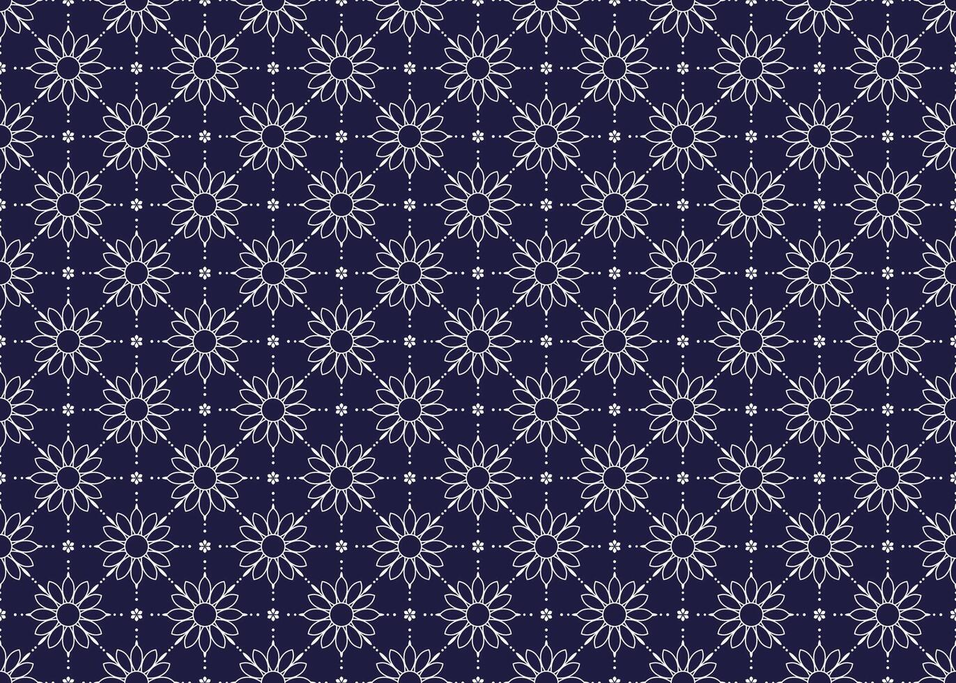 White symbol floral on dark blue background, ethnic fabric seamless pattern, design for cloth, carpet, batik, wallpaper, wrapping etc. vector