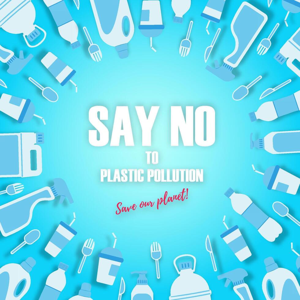Planet plastic pollution problem concept. A pile of disposable plastic waste. Refusal from disposable tableware and containers. Stop pollution. illustration. vector