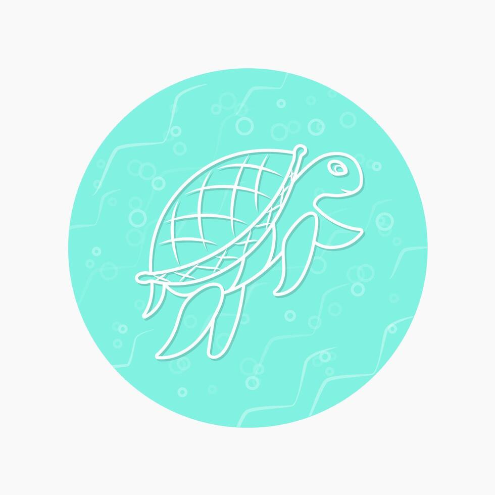 White contour of a sea turtle on the background of a turquoise circle. Bubbles, waves, sea water. design clipart illustration. EPS 10. vector