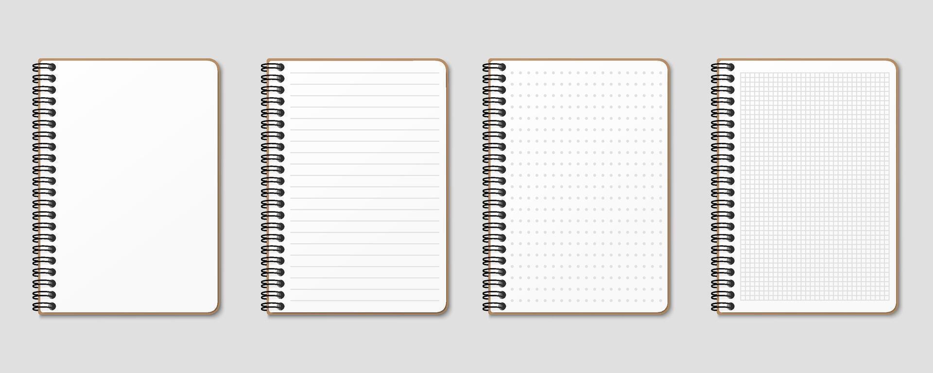 Realistic notepad. Lined, gridded and dotted sheets. Blank sheets of notebook with grid for homework and exercises. Creative illustration mock up diary. vector