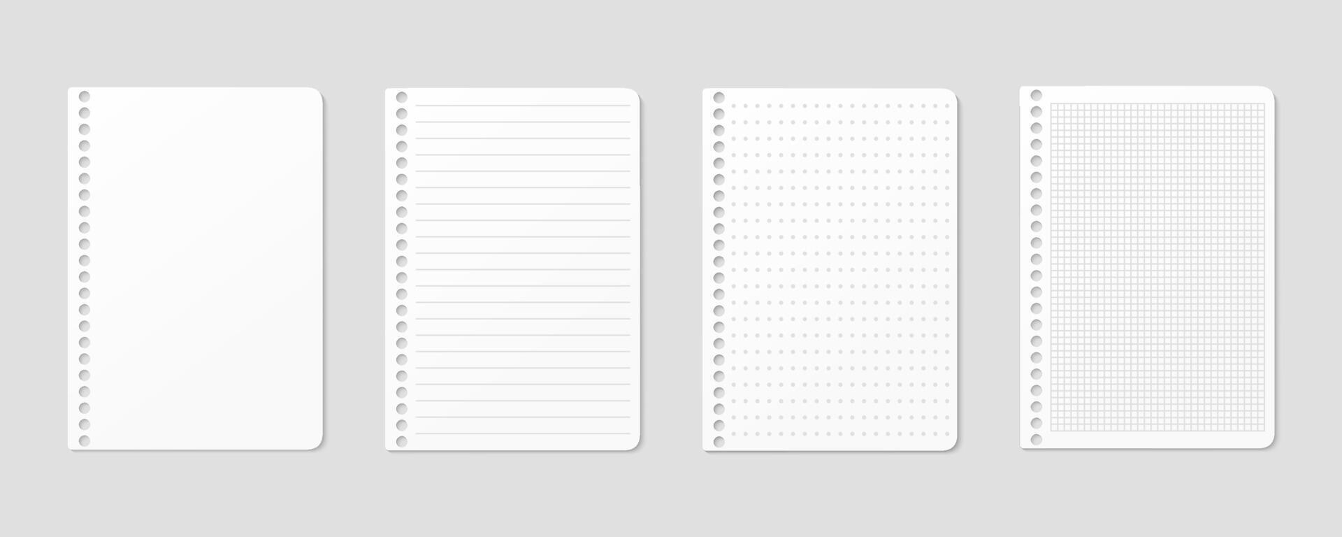 Ruled, gridded and dotted sheets. Blank sheets of notebook with grid for homework and exercises. Creative illustration mock up diary. vector