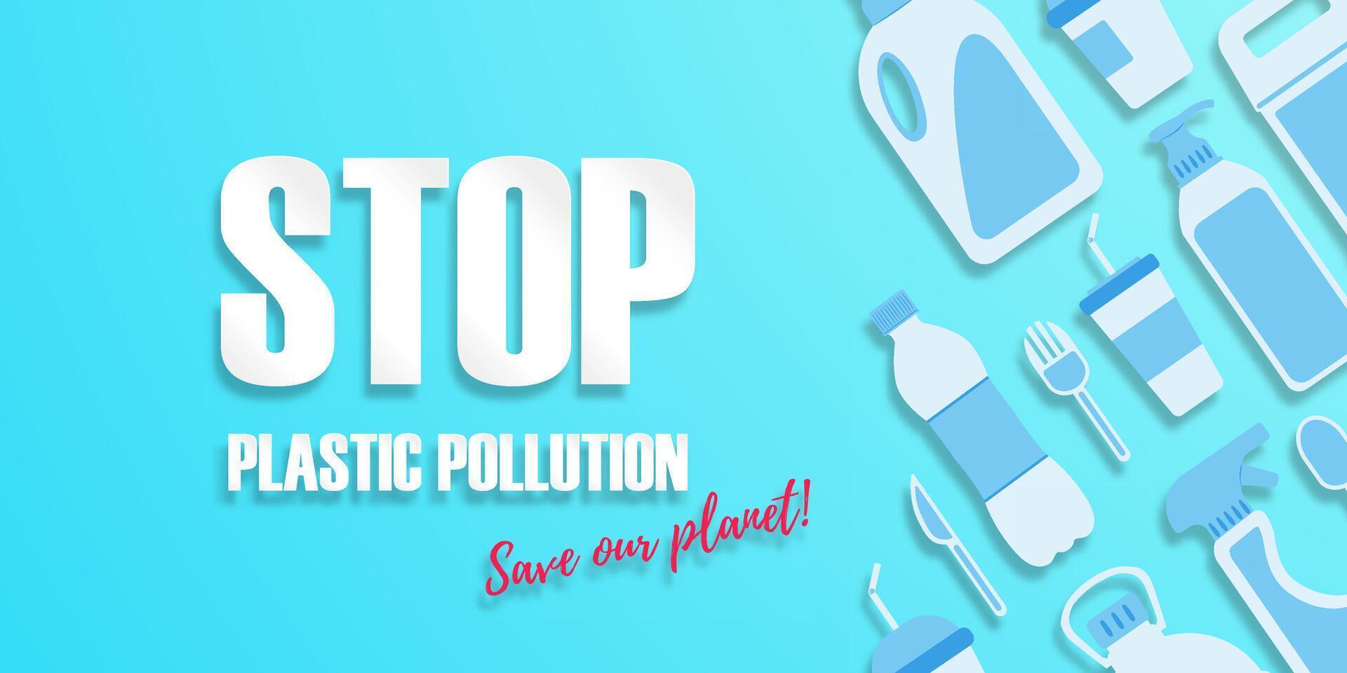 Stop plastic pollution. Disposable plastic. Copy space. Flat lay. Bottle, glass, spoon, knife, canister, spray. Light on the right. Flat style items on the right. Color maldives background. vector