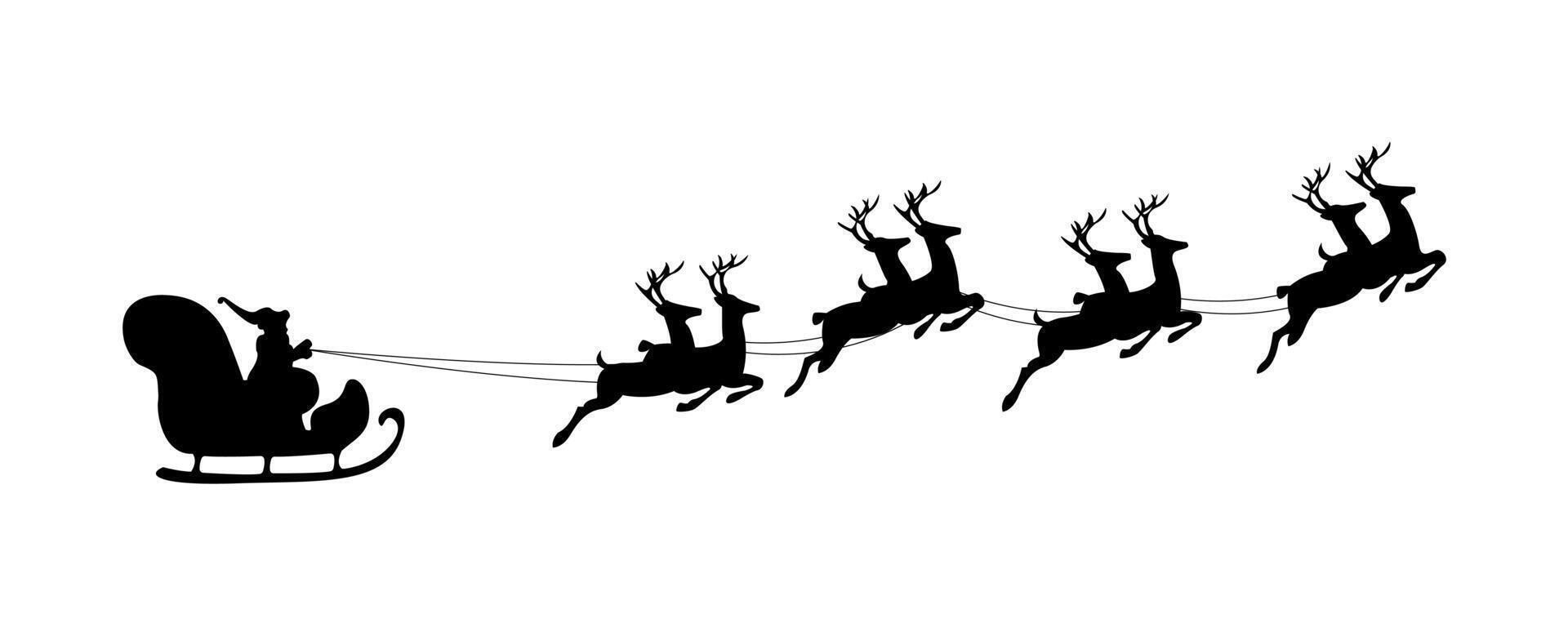 Silhouette of santa claus on sleigh full of gifts and his reindeers. Merry christmas holiday. Happy new year decoration. New year and xmas celebration. illustration. vector