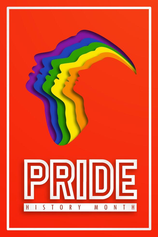 Poster LGBTQ PRIDE HISTORY MONTH. People's faces look up in LGBT colors. Paper cut. Minority problem. Pride parade. Coexistence harmony and multicultural community integration. Illustration vector