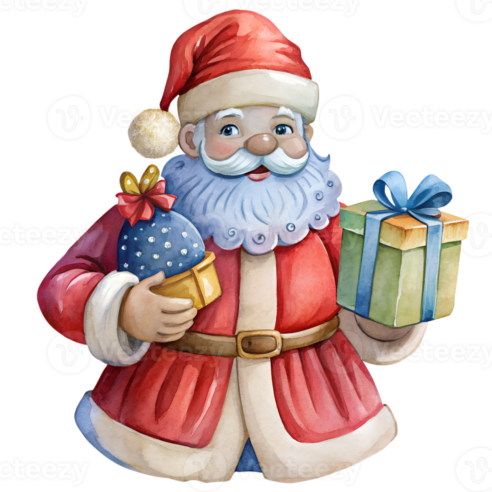 Watercolor hand drawn Santa gives gifts. Merry Christmas concept png