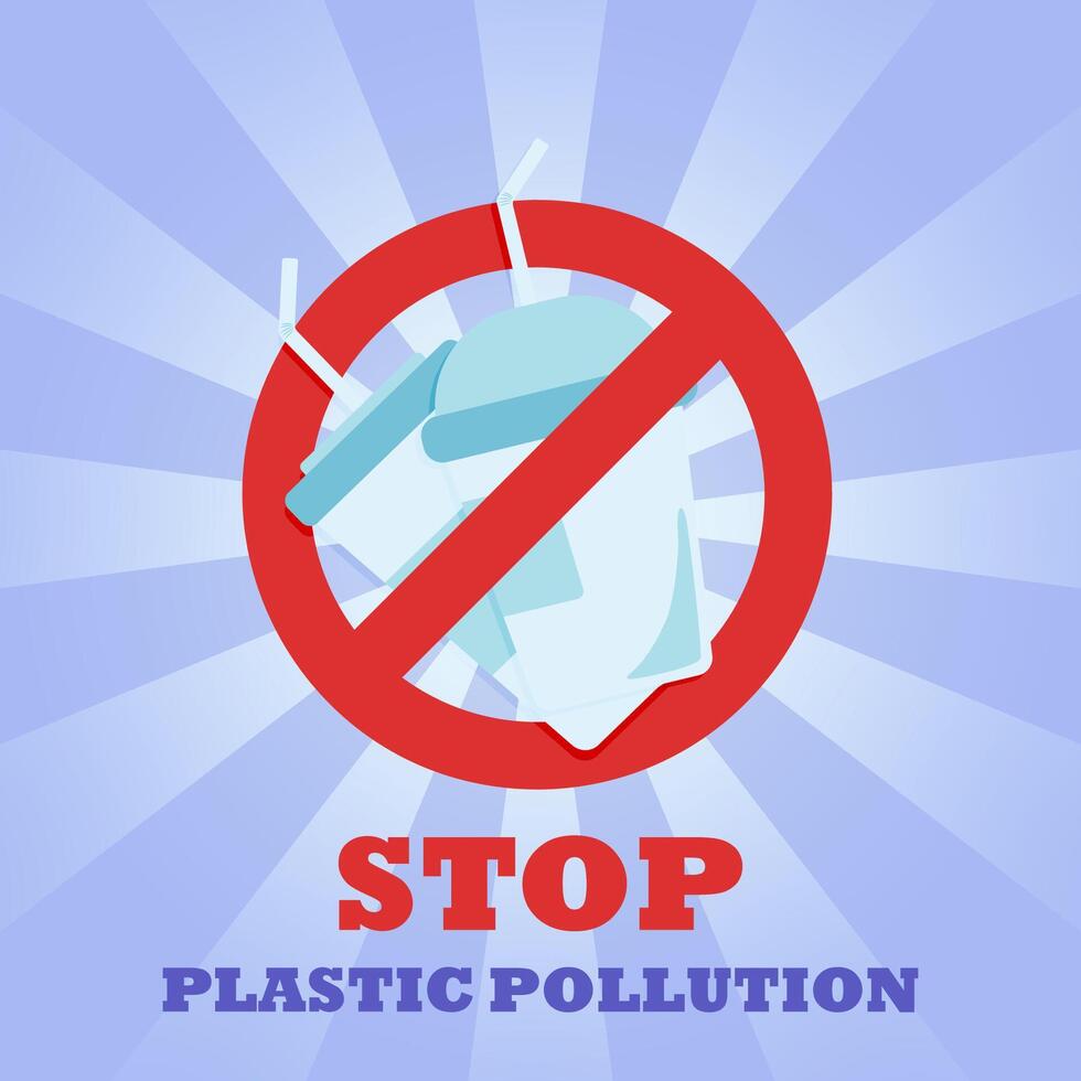Two plastic cups with plastic tubes. Prohibition sign. No symbol. Banner. Stop plastic pollution vector
