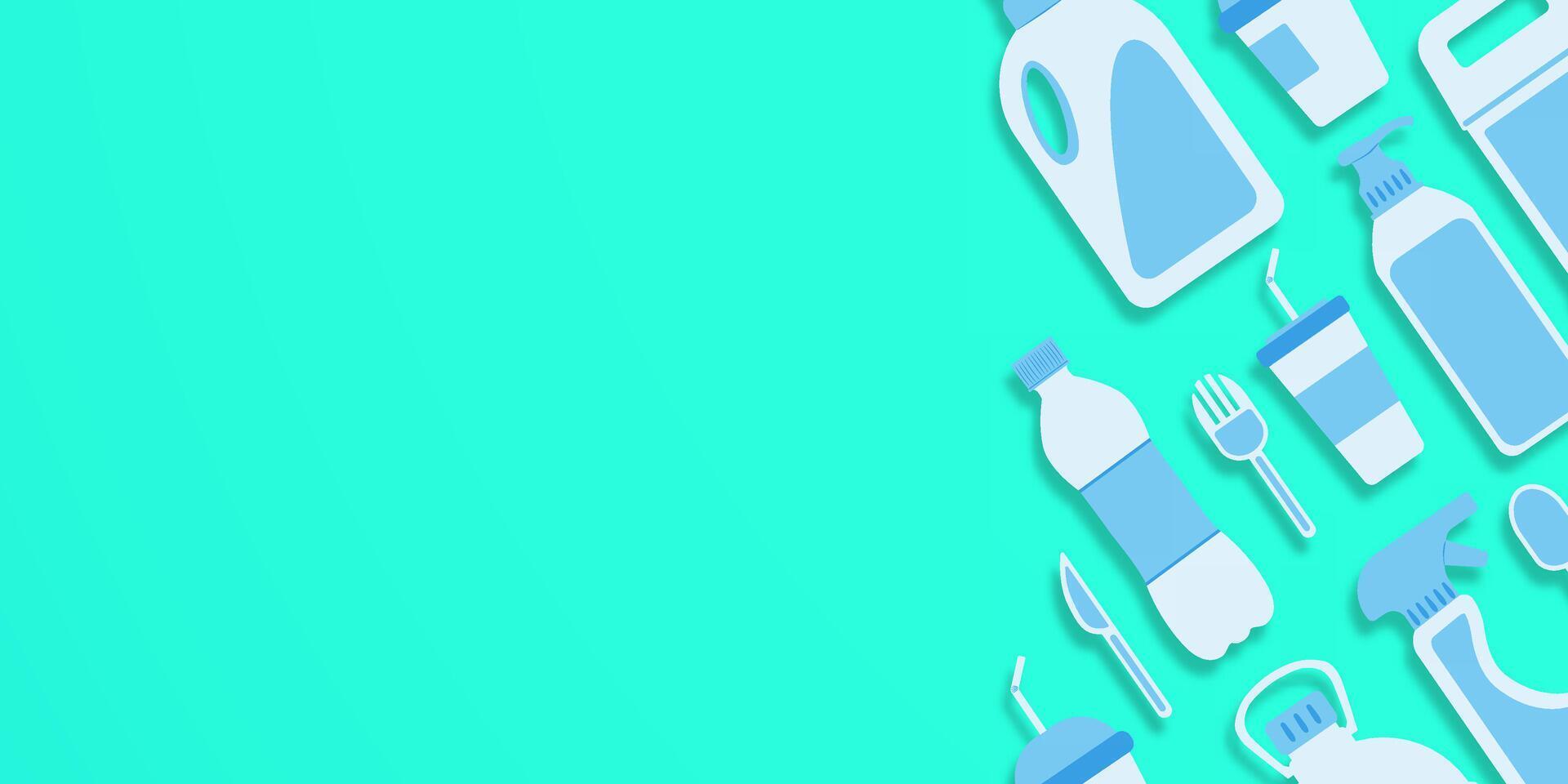 Disposable plastic. Copy space. Flat lay. Bottle, glass, spoon, knife, canister, spray. Light on the right. Flat style items on the right. Mint color background. vector
