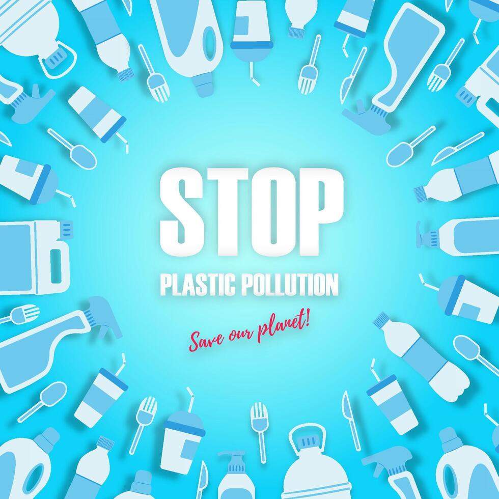 Stop pollution. Planet plastic pollution problem concept. A pile of disposable plastic waste. Refusal from disposable tableware and containers. illustration. vector