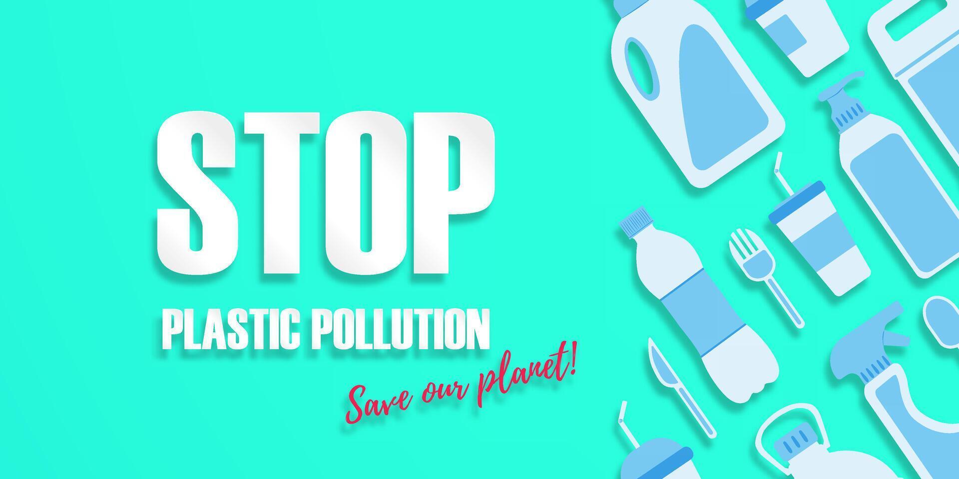 Stop plastic pollution. Disposable plastic. Copy space. Flat lay. Bottle, glass, spoon, knife, canister, spray. Light on the right. Flat style items on the right. Mint color background. vector