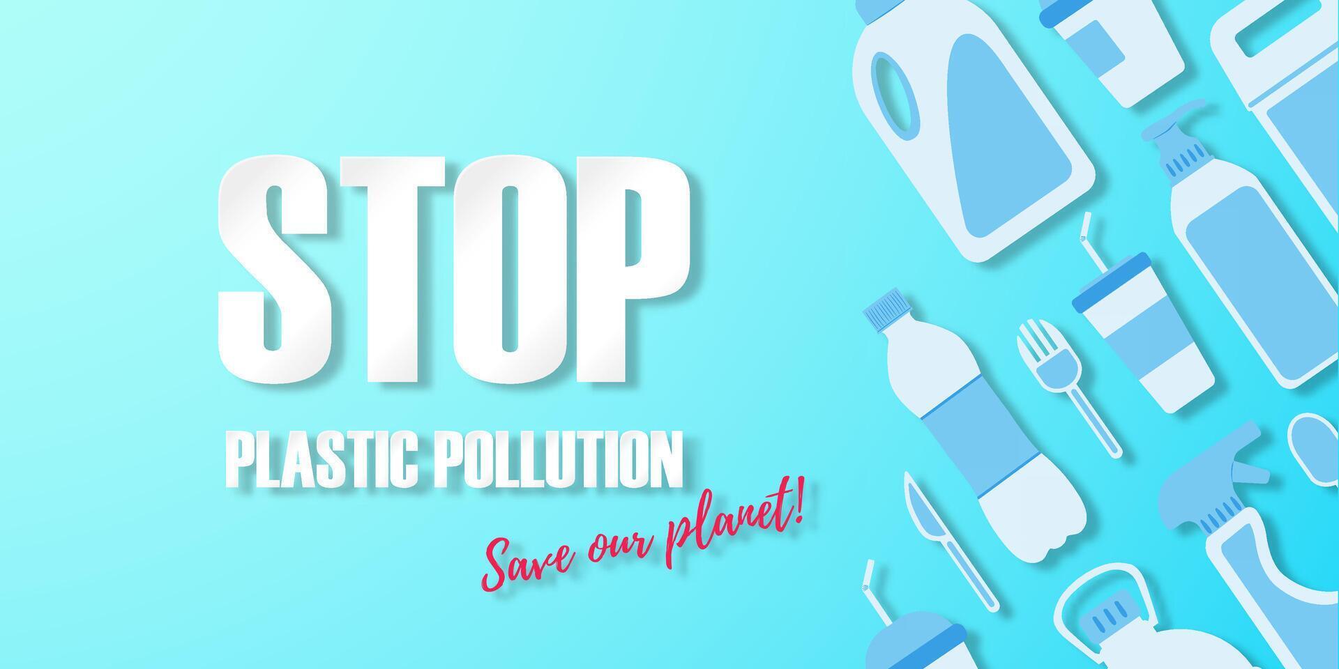 Stop plastic pollution. Disposable plastic. Copy space. Flat lay. Bottle, glass, spoon, knife, canister, spray. Light on the left. Flat style items on the right. Color maldives background. vector