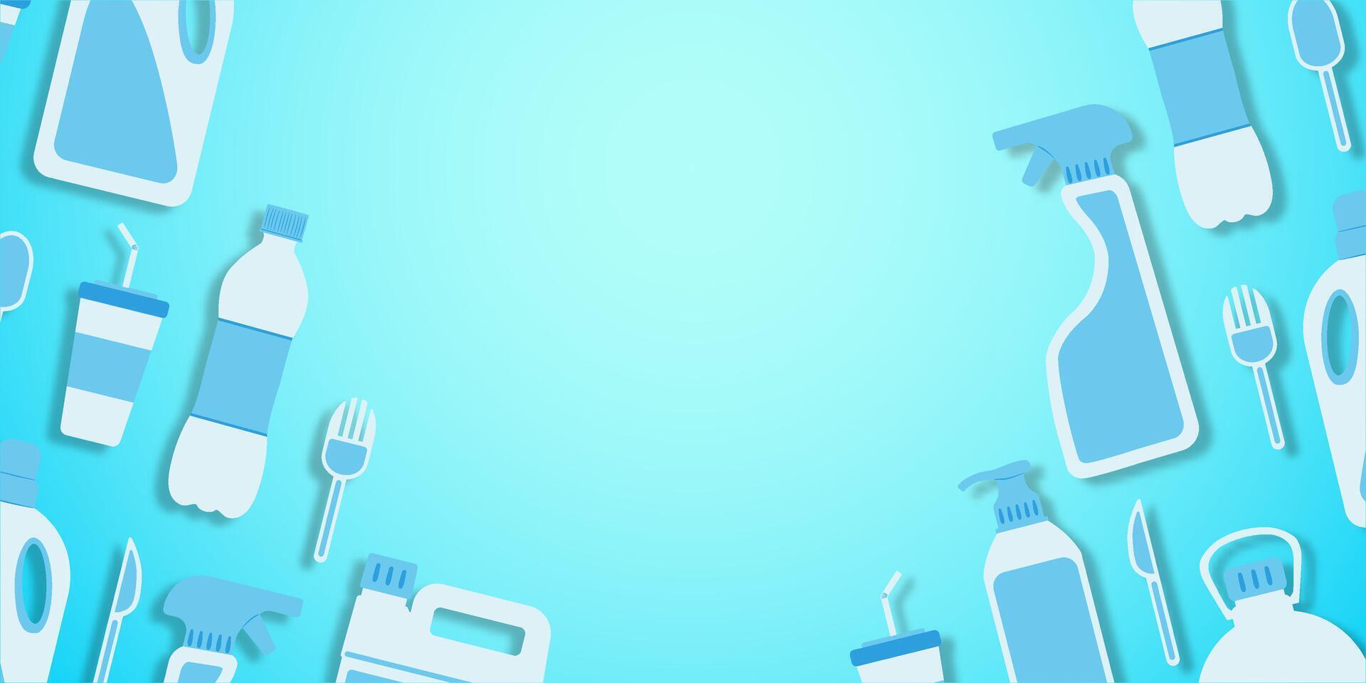 Disposable plastic. Copy space. Flat lay. Bottle, glass, spoon, knife, canister, spray. Objects in a flat style on the sides. Place for text in the center vector