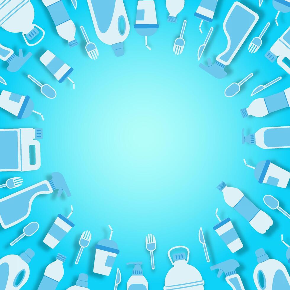 Disposable plastic pollution problem concept. A pile of disposable plastic waste. Copy space. Flat lay. Place for your text. Illustration. vector