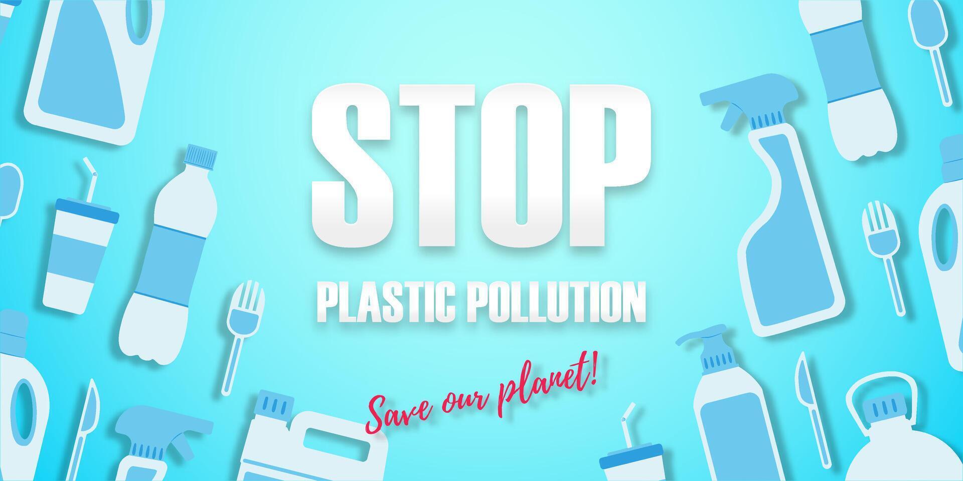 Stop plastic pollution poster. Disposable plastic in a flat style. Disposable bottles, cans, spoons, cups, forks and knives. Flat lay. Ecological problem. vector
