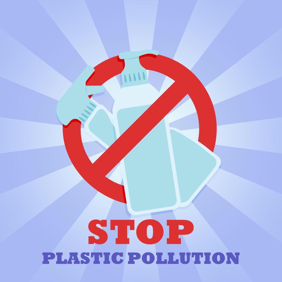 Two plastic bottles of detergents. Prohibition sign. No symbol. Banner. Stop plastic pollution. vector