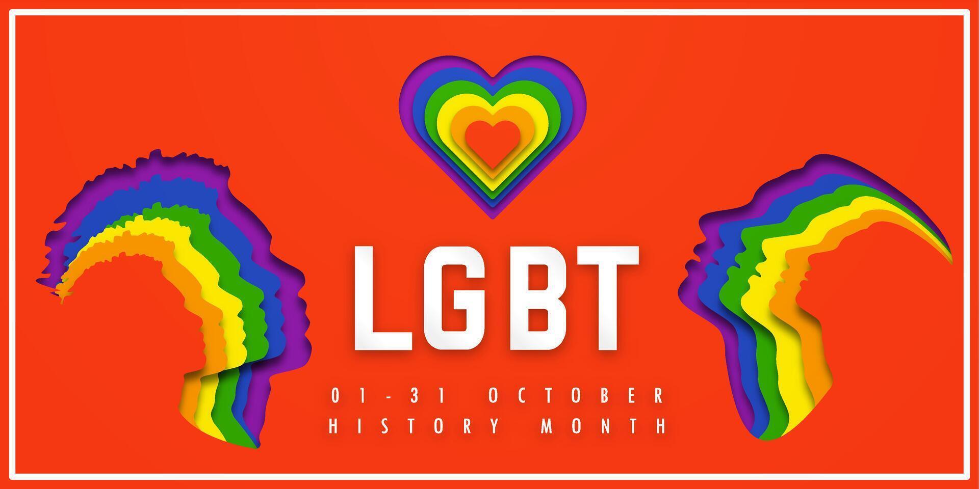 Banner PRIDE LGBT HISTORY MONTH. People's faces look up on heart in LGBTQ colors. Paper cut. Minority problem. PRIDE parade. Coexistence harmony and multicultural community integration. vector